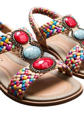 Zelatprox Boho Woven Flat Sandals Slip On Gemstone